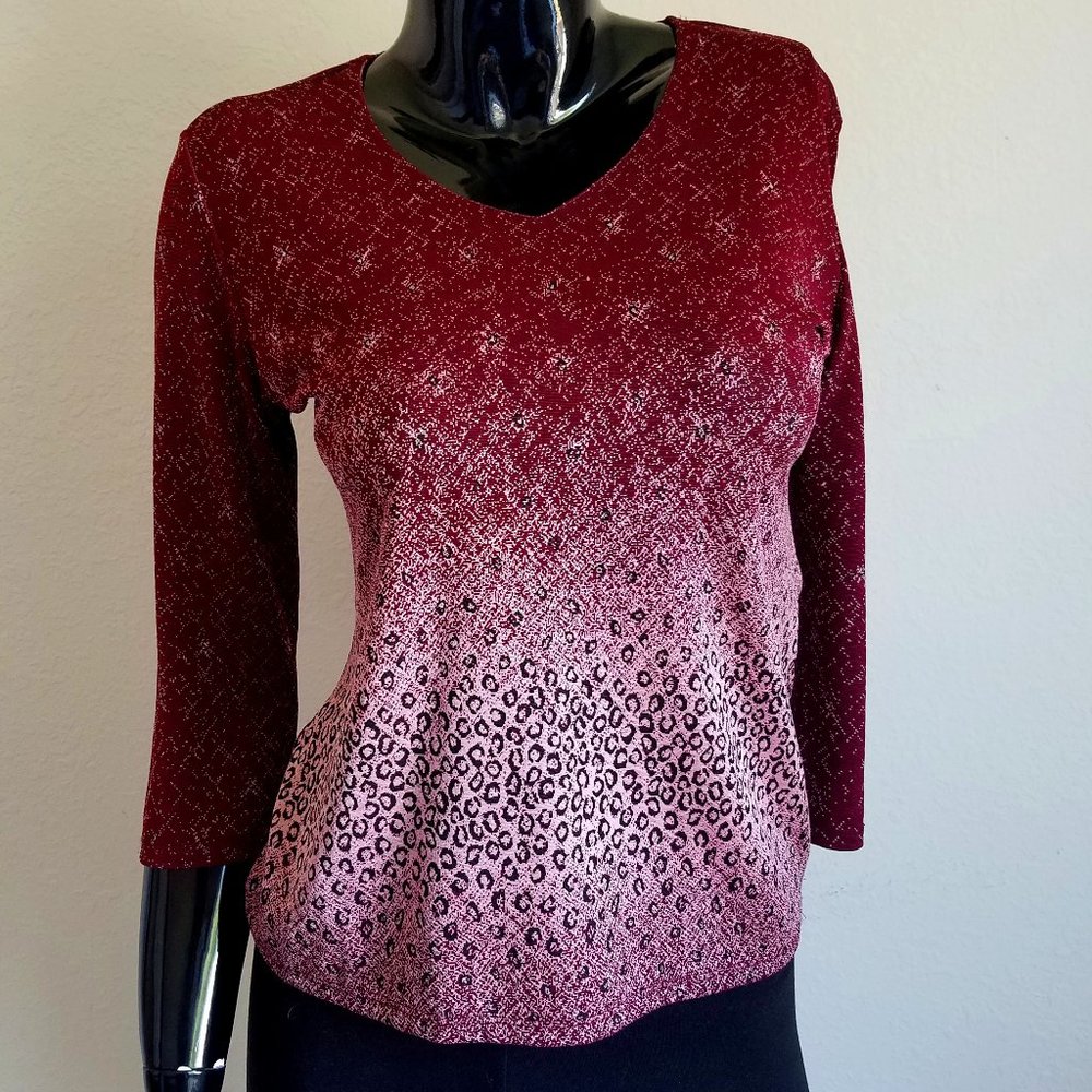 Red Leopard Print 3/4 Sleeve V Neck